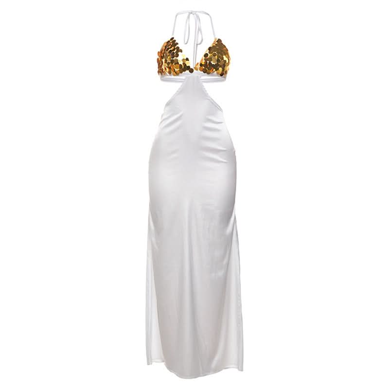 Halter self tie deep V neck sheer mesh shell applique maxi dress