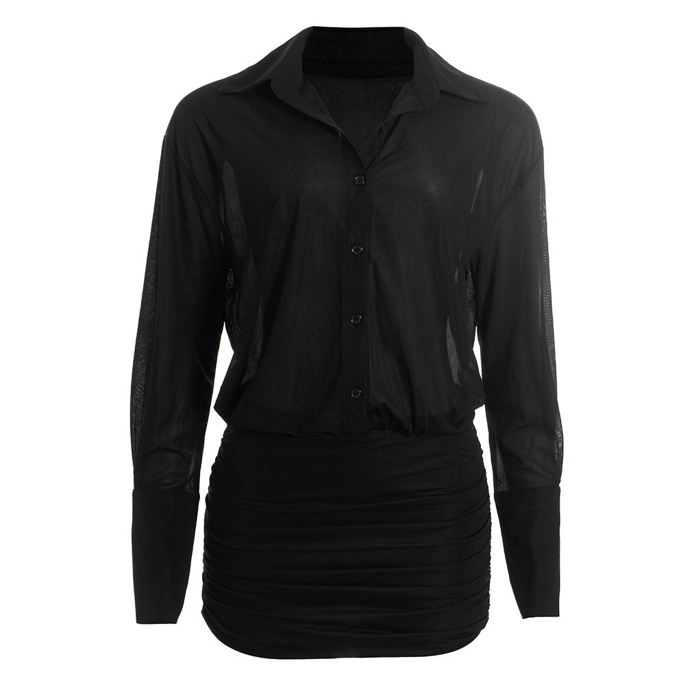 Long sleeve turnover collar button chiffon mini dress Long sleeve turnover collar button chiffon mini dress