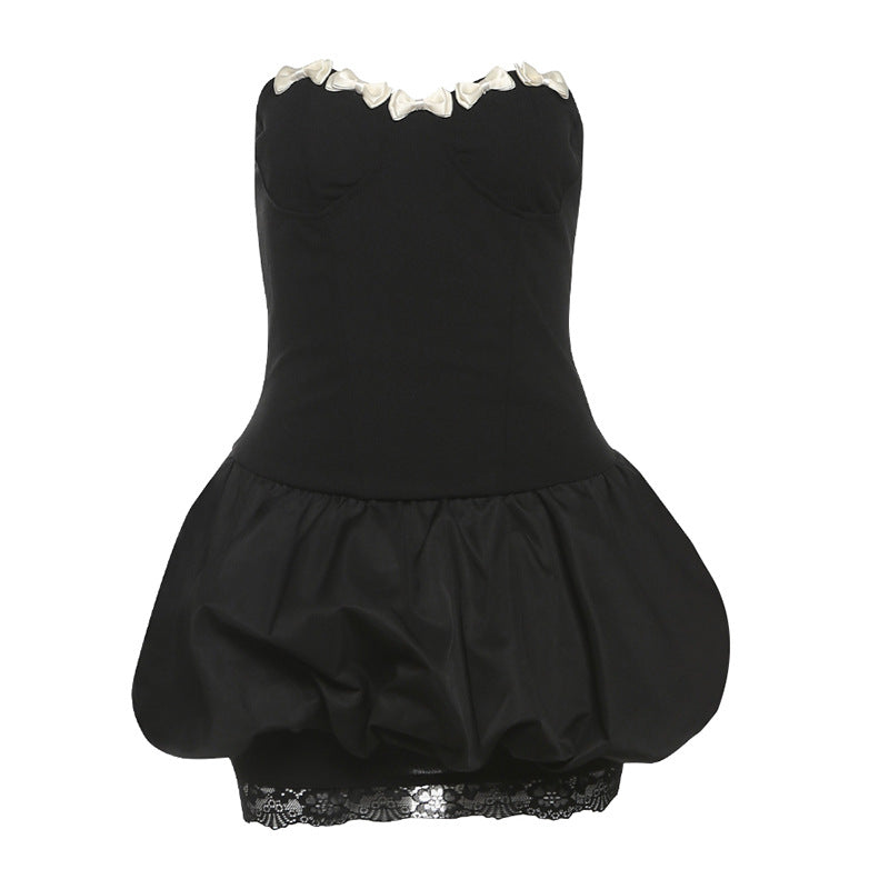 Sweetheart neck bowknot lace hem mini dress | Festival Outfits Women   Halibuy