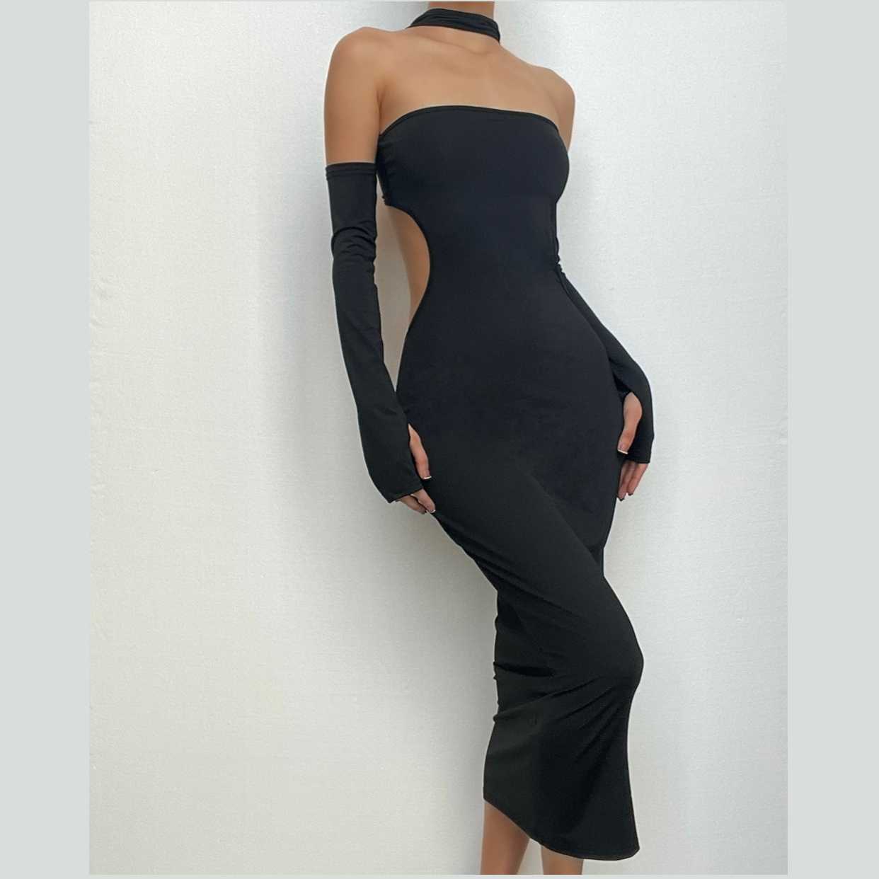 Hollow out bowknot halter irregular lace up contrast midi dress main image 1