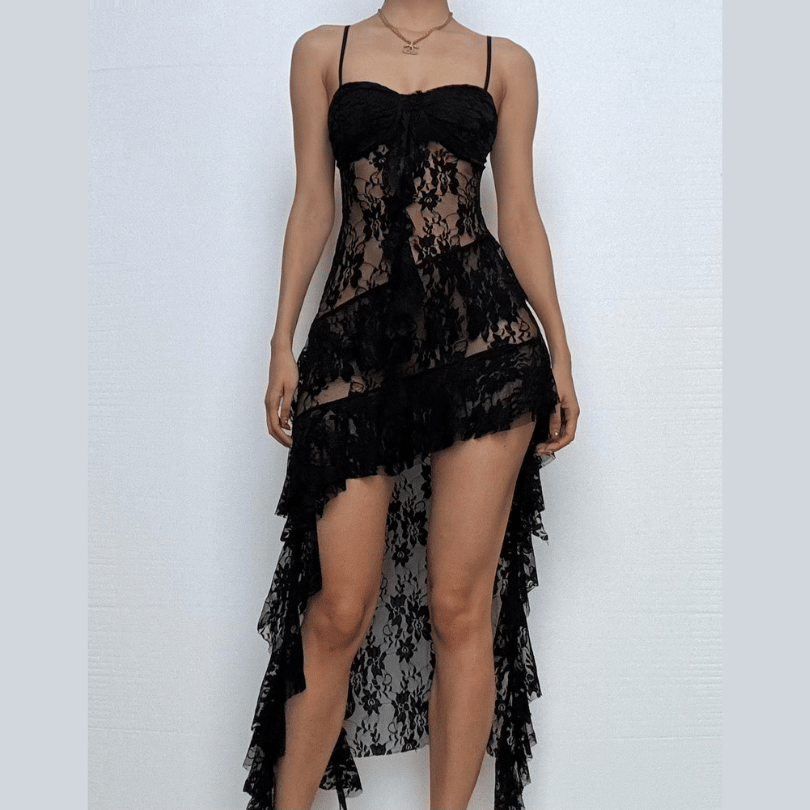 fitted lace wedding dress Sweetheart neck lace ruffle see through cami midi dress