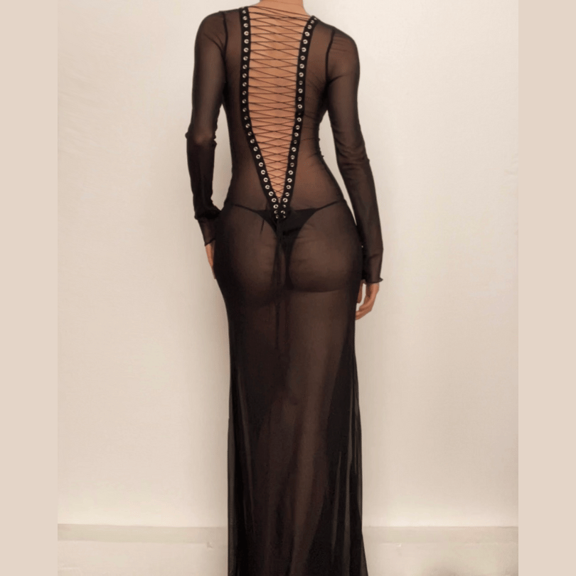 Long sleeve lace up sheer mesh see through maxi dress Halibuy Long sleeve lace up sheer mesh see through maxi dress Halibuy