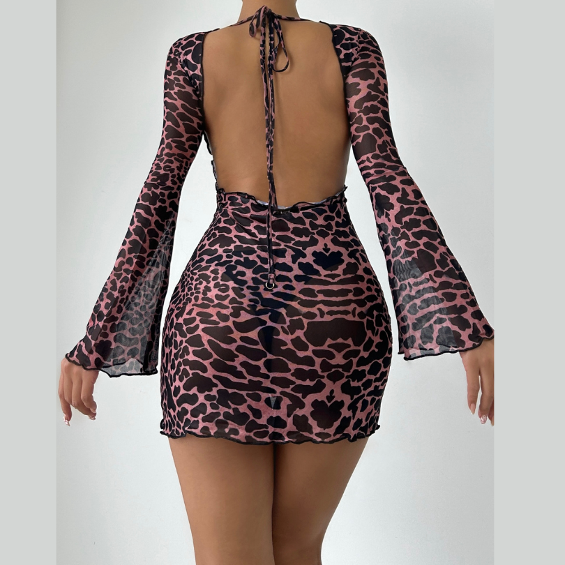 Sheer mesh leopard print contrast see through self tie backless mini d –  Halibuy