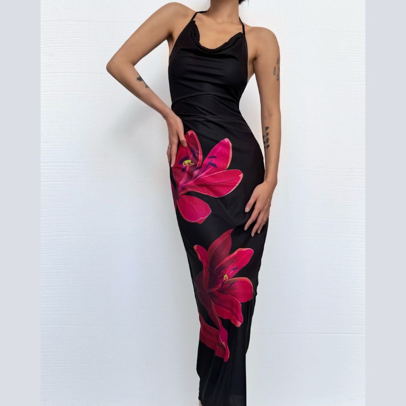 Flower print knotted backless tube maxi dress