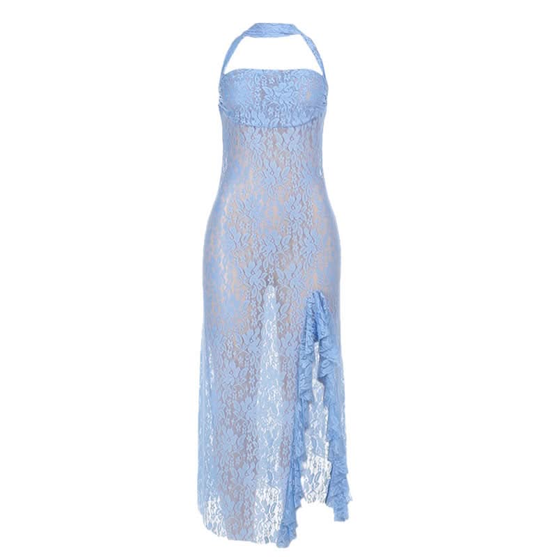 ladies new fashion dress Halter square neck lace see through slit midi dress