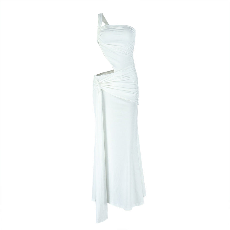 One shoulder irregular hollow out ruched cut out maxi dress