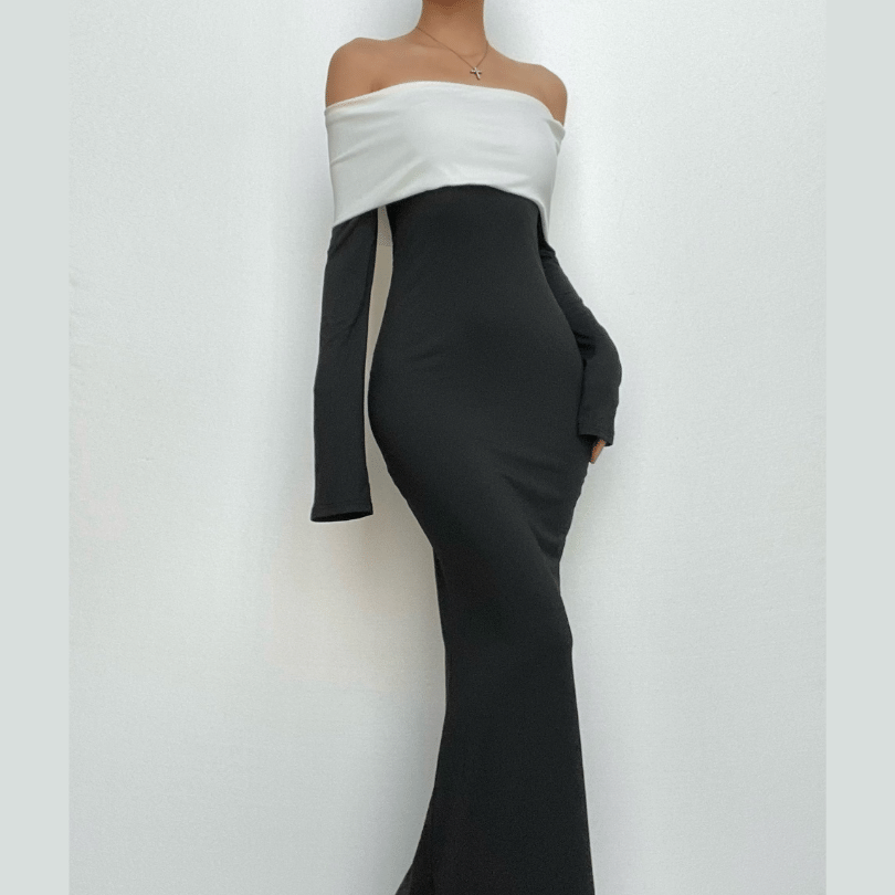 Off shoulder long sleeve contrast patchwork backless maxi dress – Halibuy