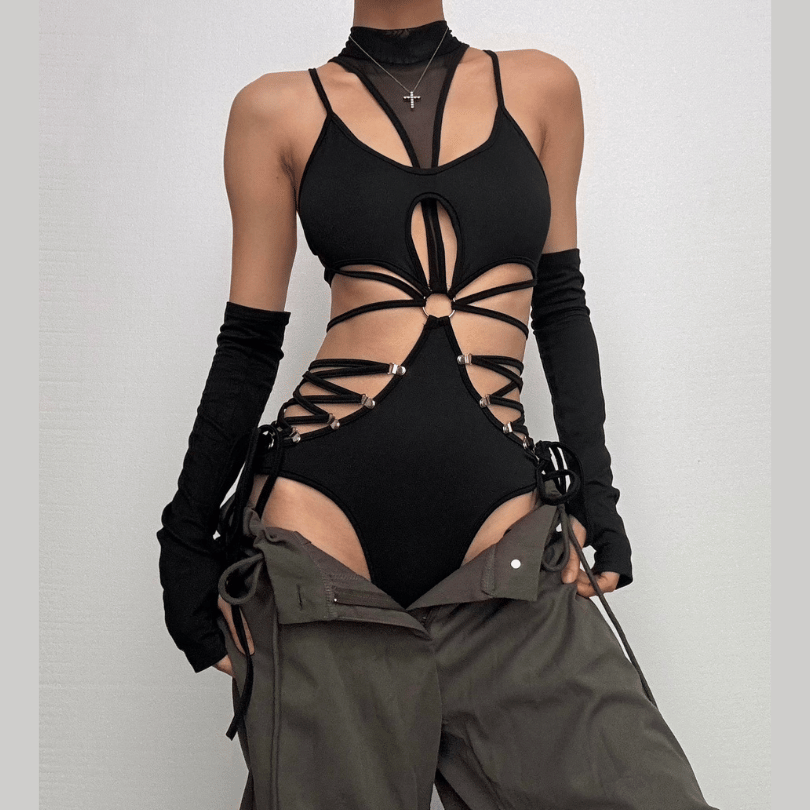 High neck o ring hollow out lace up gloves bodysuit | Festival