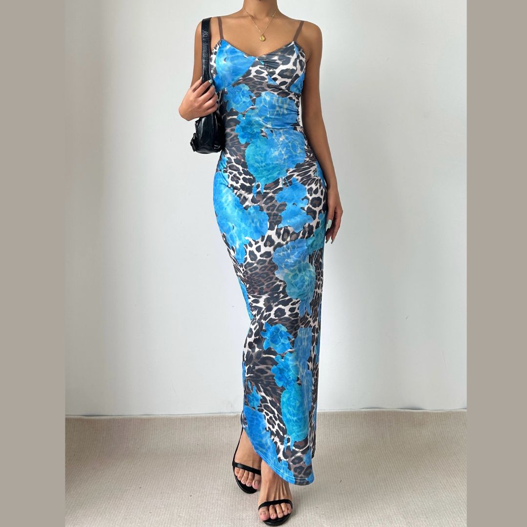 V neck flower print backless cami maxi dress