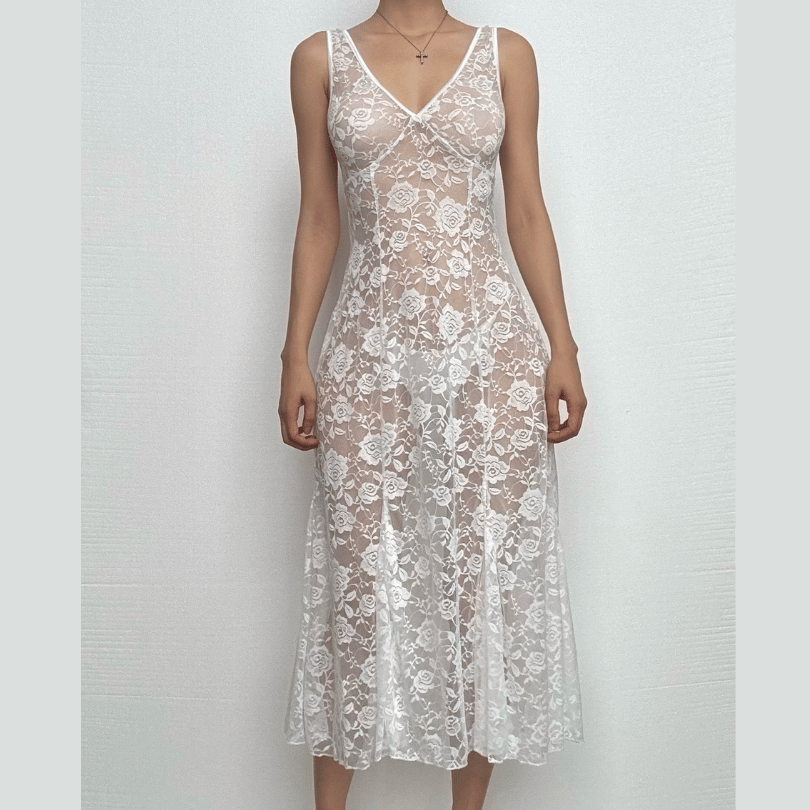 Sleeveless V neck rose pattern lace see through midi dress | Festival Halibuy Sleeveless V neck rose pattern lace see through midi dress | Festival Halibuy