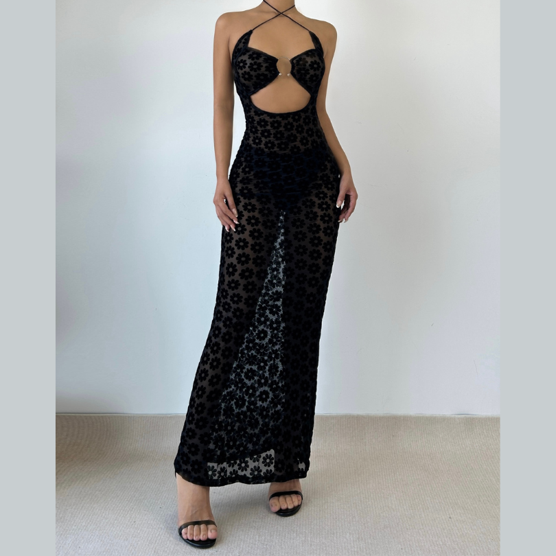 Mesh see through floral embroidery O ring hollow out halter cut out ma –  Halibuy