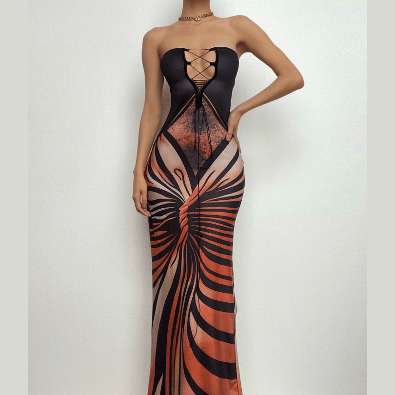 Lace up contrast print slit backless tube maxi dress