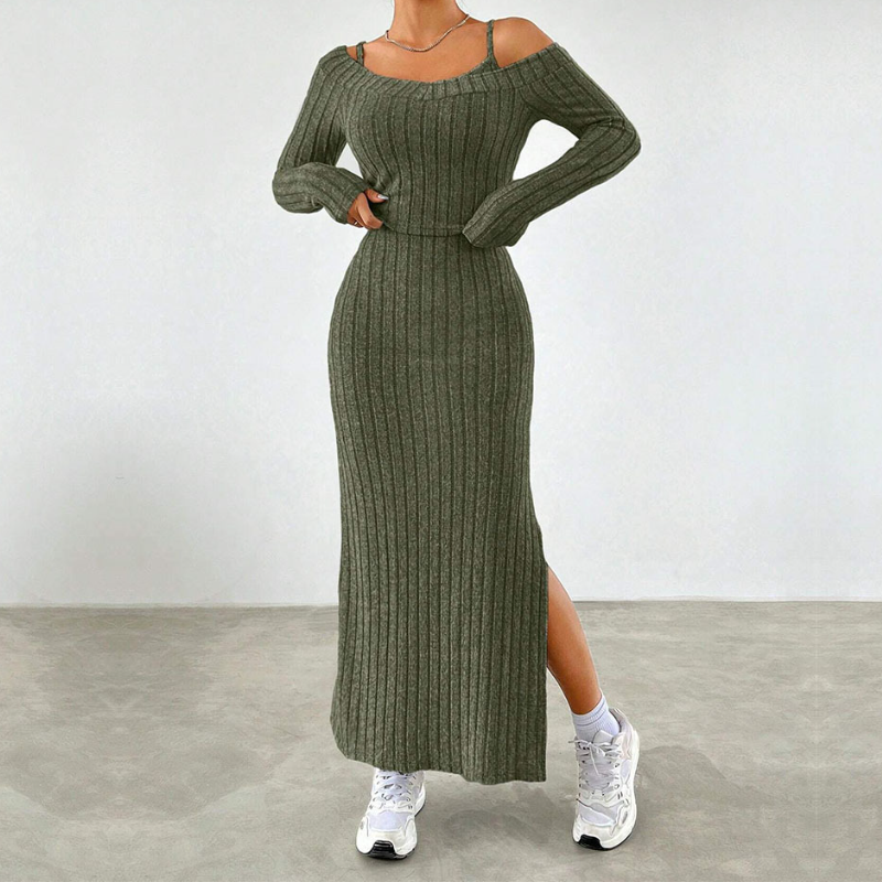 green emerald velvet dress Long sleeve slit cami 2 piece maxi dress