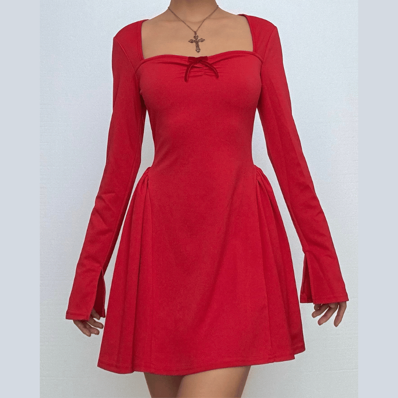 long sleeve mini dress festival Long sleeve bowknot solid ruched mini dress