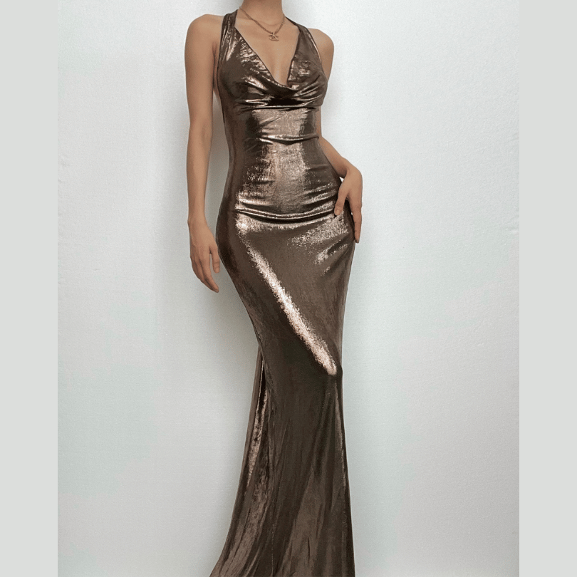 knee length dresses for ladies Black midi double-layered satin slip dress with V-neck – Serena Silueta main image 1