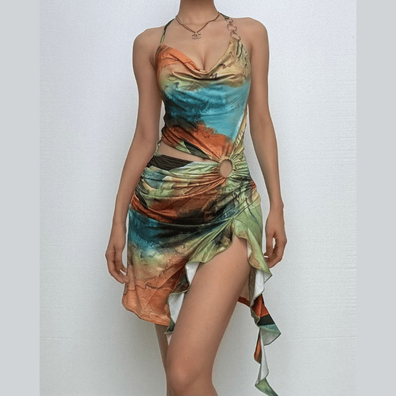 Halter print cowl neck o ring ruffle mini dress