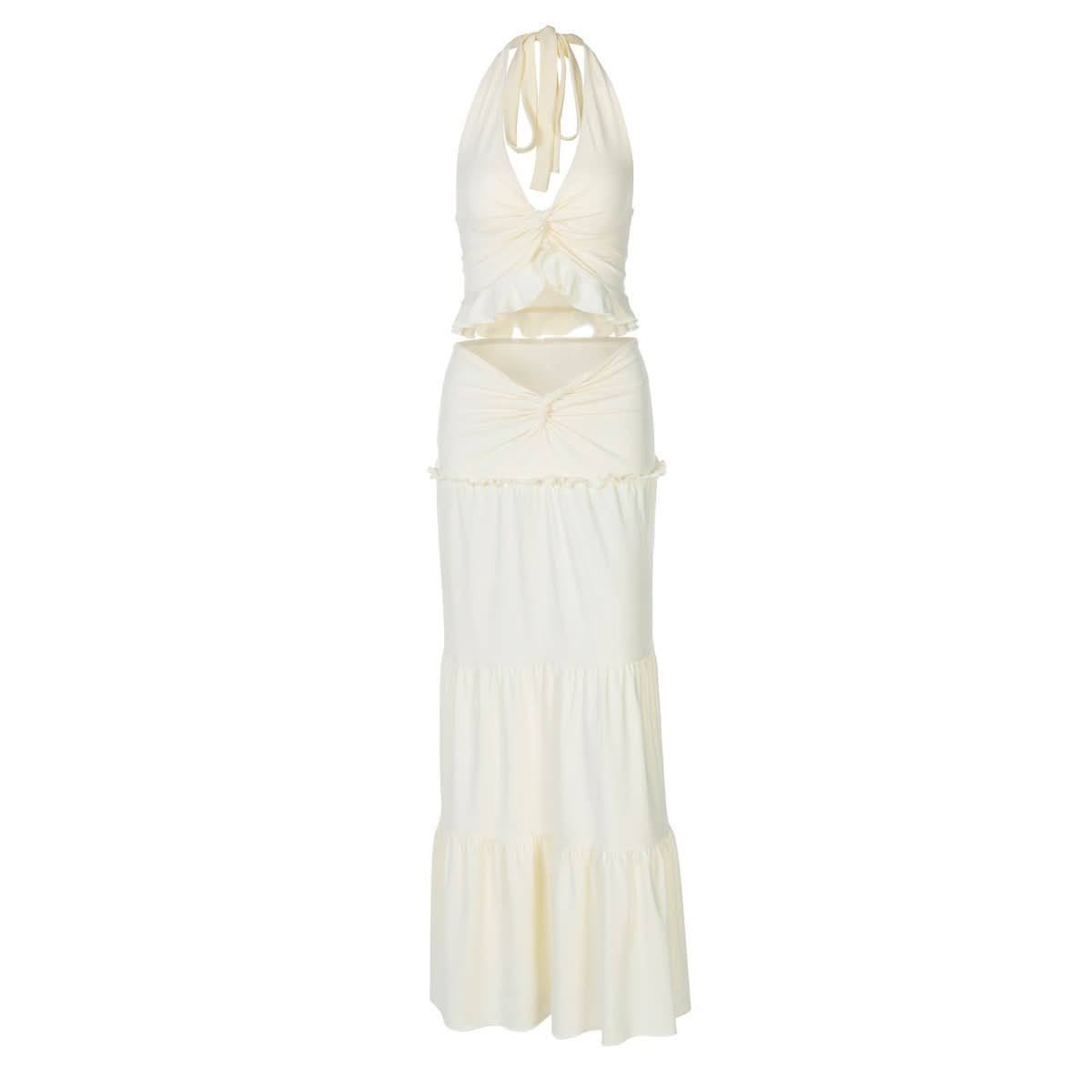 Halter v neck ruffle ruched maxi dress skirt set | Festival Outfits Wo   Halibuy