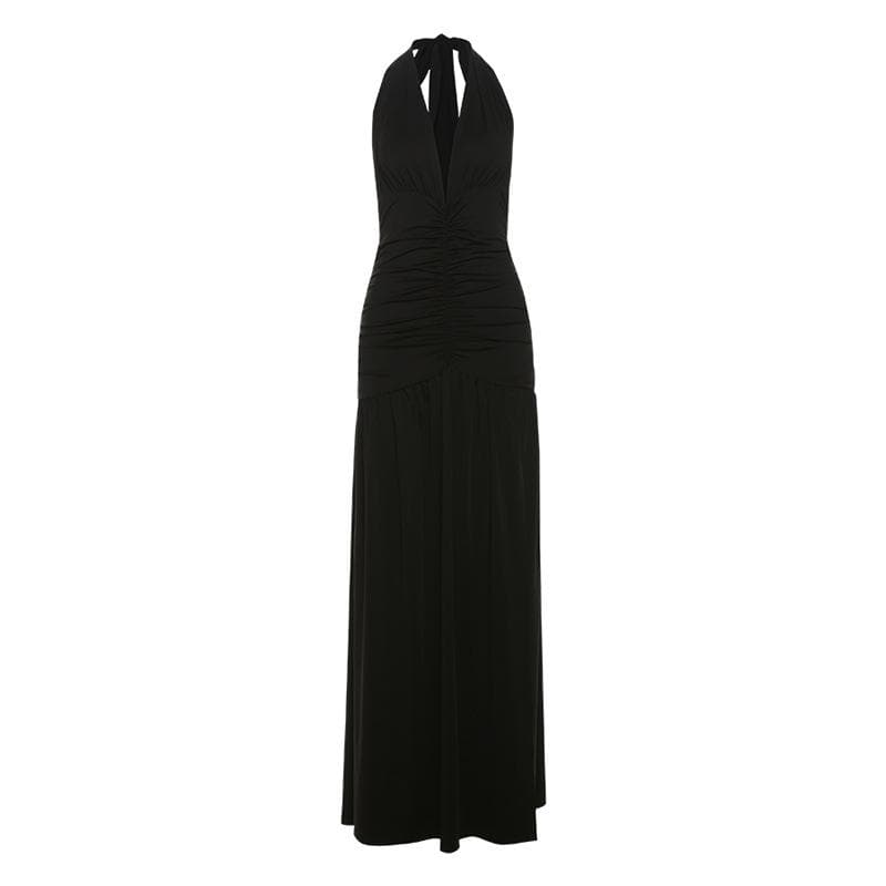 Halter deep v neck ruched backless maxi dress | Festival Outfits Women   Halibuy