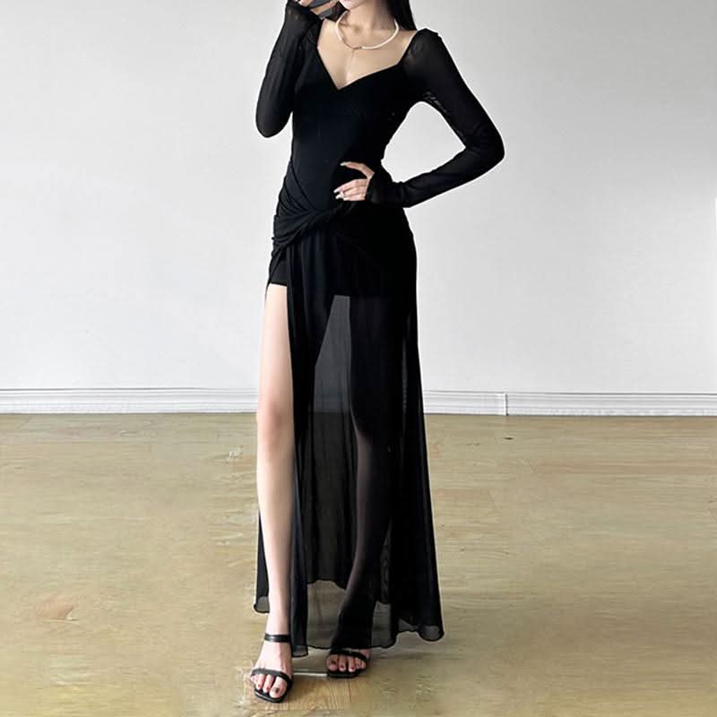 V neck long sleeve slit mesh maxi dress | Festival Outfits Women Halibuy V neck long sleeve slit mesh maxi dress | Festival Outfits Women Halibuy