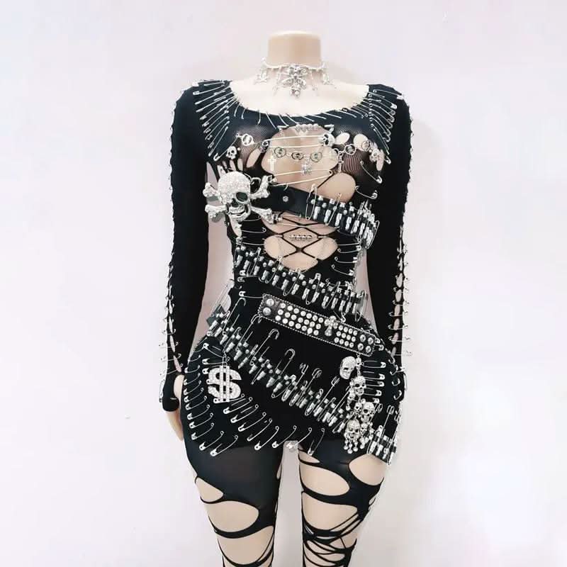 Long sleeve metal applique skull hollow out cut out mini dress | Festi Halibuy Long sleeve metal applique skull hollow out cut out mini dress | Festi Halibuy