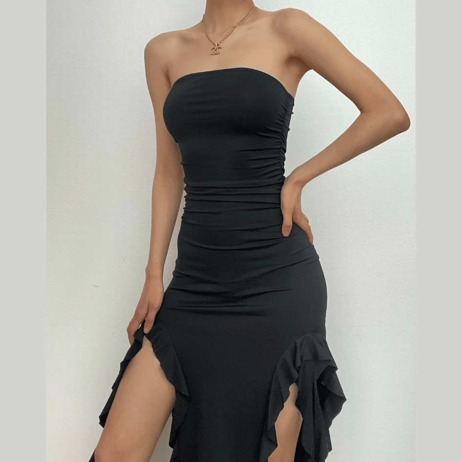 Strapless Tube Top Ruched Back Slit Midi Party Dress