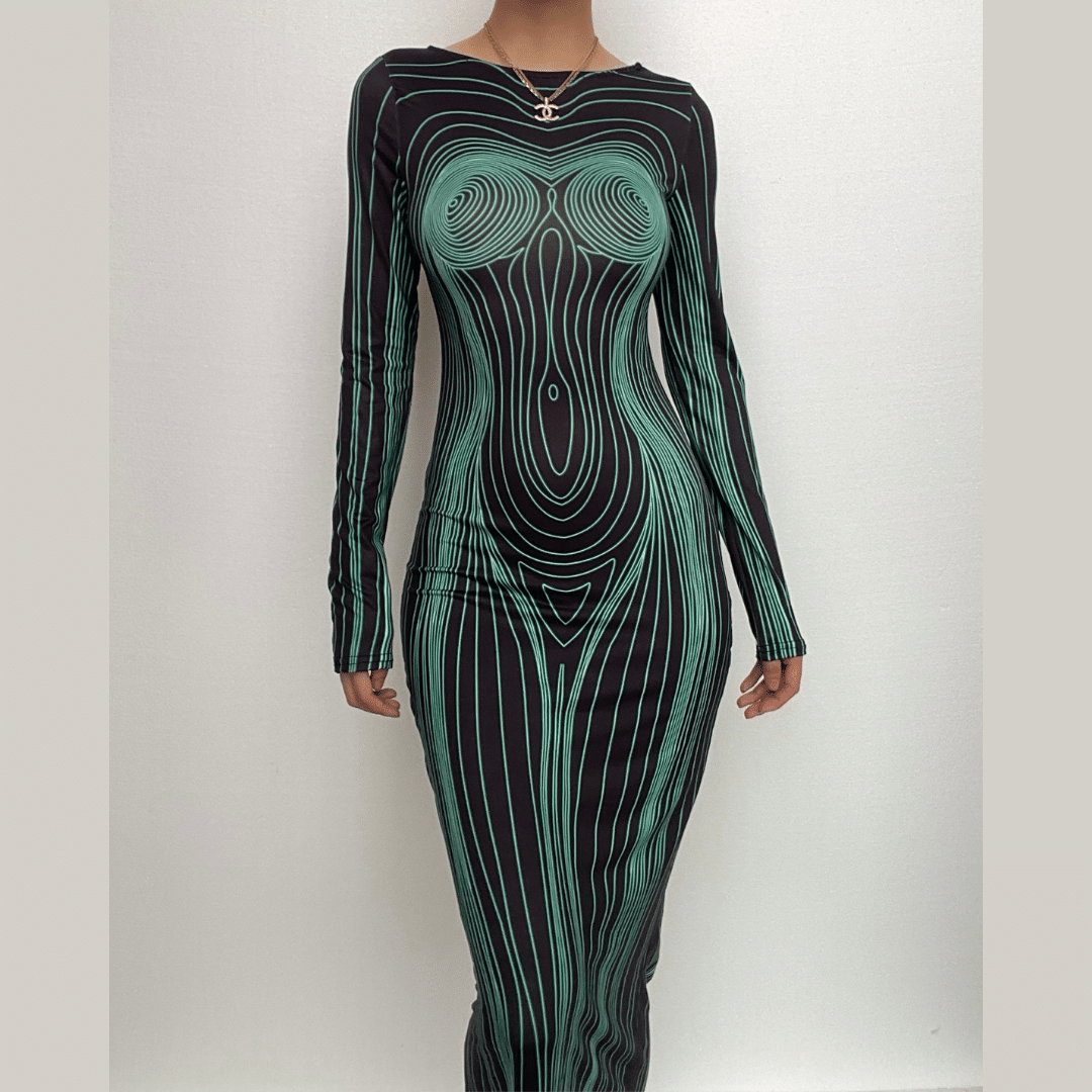 fitted lace wedding dress Body Print Turtle Neck Long Sleeve Maxi Dress – Micas main image 1