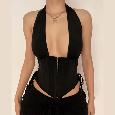 Halter lace up backless corset top - Halibuy