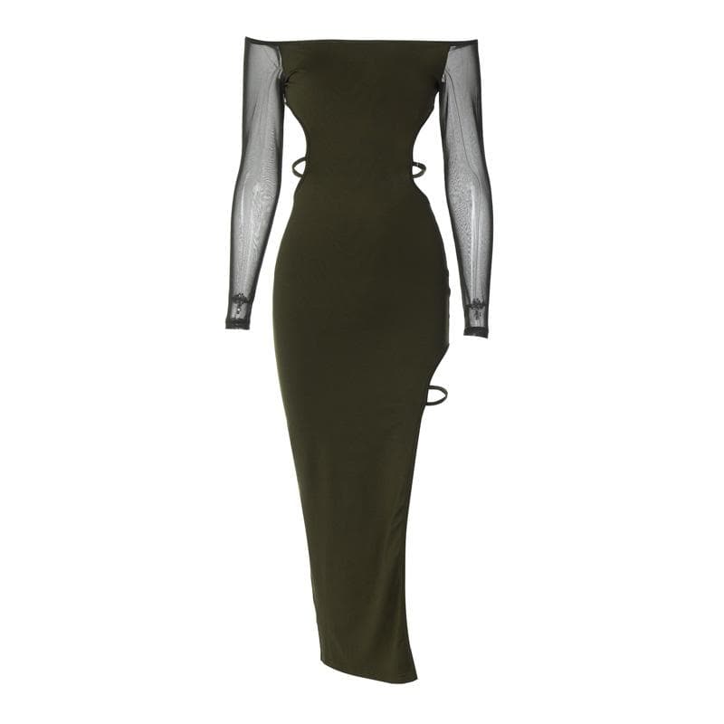 Long sleeve off shoulder high slit mesh backless irregular midi dress –  Halibuy
