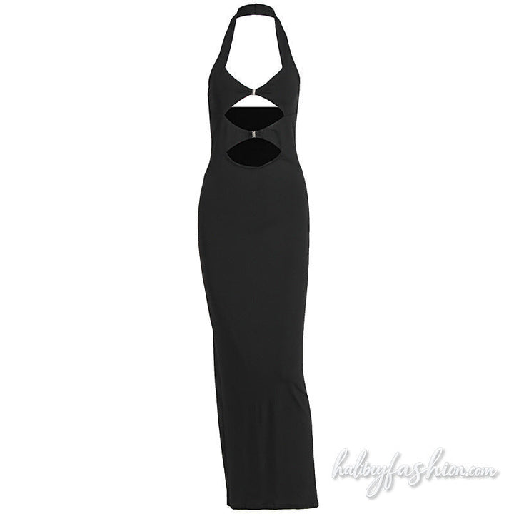Halter hollow out slit v neck solid maxi dress - Halibuy - 2