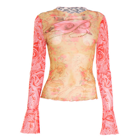 Long sleeve crewneck print beaded sheer mesh top  | Festival Outfits Women