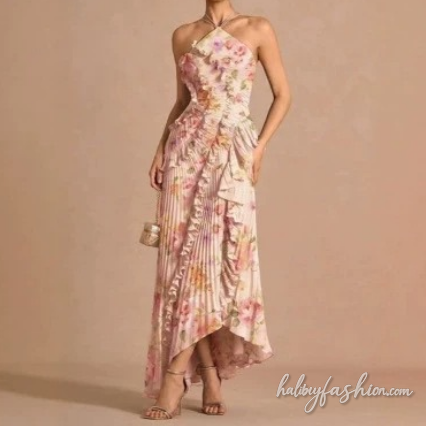 Halter self tie ruffle irregular print ruched maxi dress - Halibuy - 2