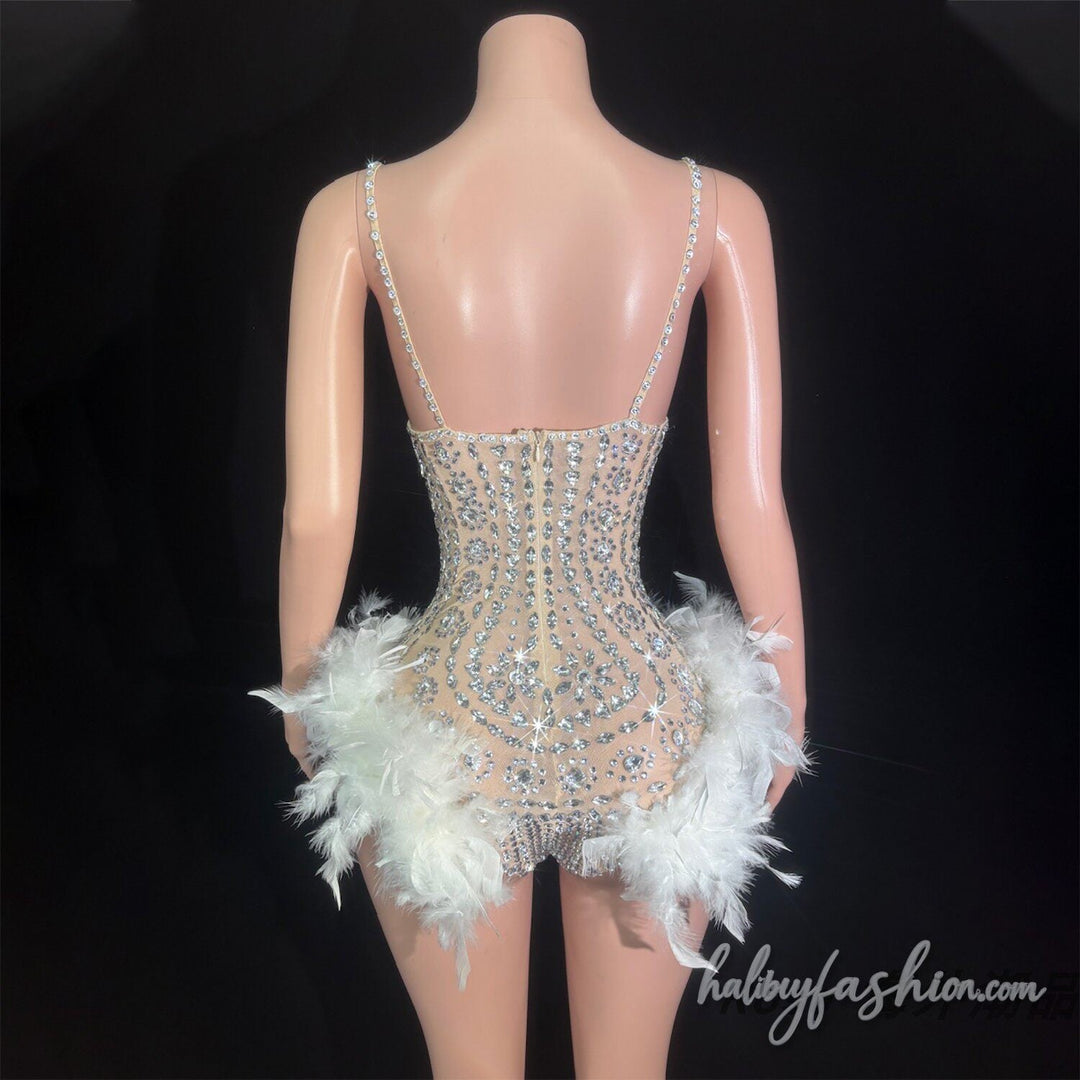 Hollow out beaded feather v neck cami romper
