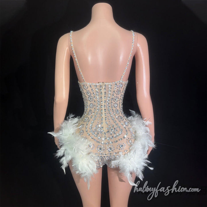 Hollow out beaded feather v neck cami romper