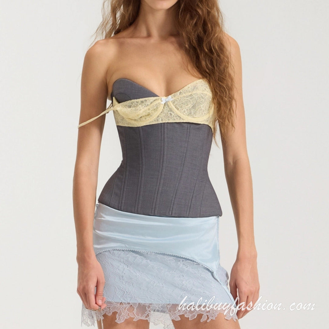 Lace patchwork lace up corset bustier top - Halibuy