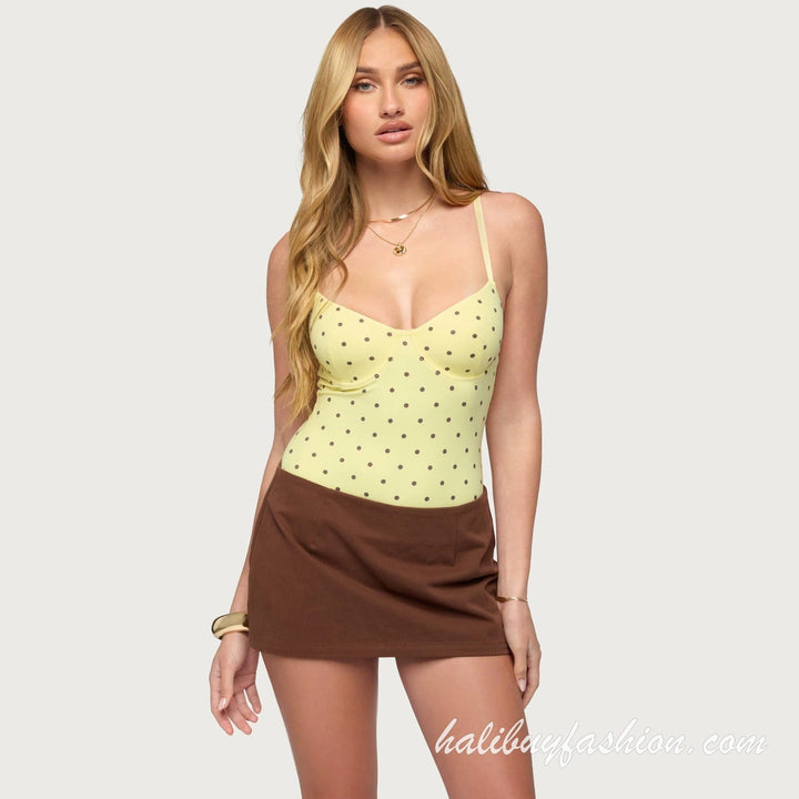 Polka dot spaghetti strap ruched low cut bodysuit - Halibuy