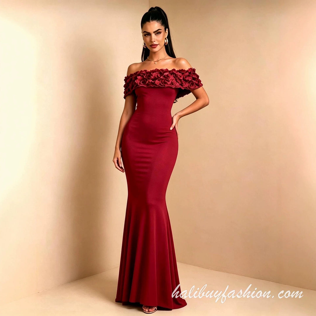 Off shoulder applique solid knit maxi dress - Halibuy