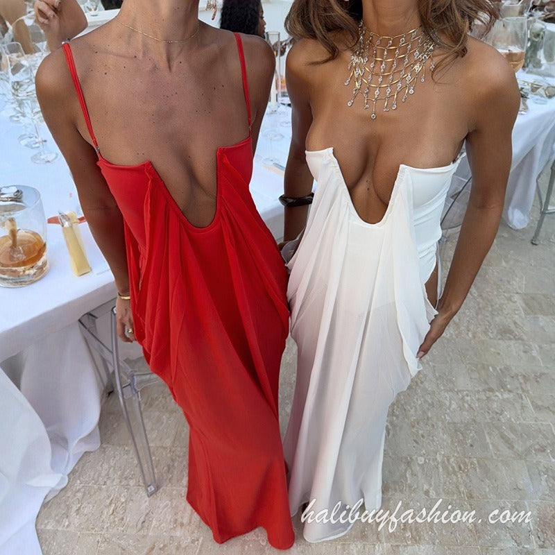 Spaghetti strap deep v neck sleeveless solid ruched cami maxi dress - Halibuy