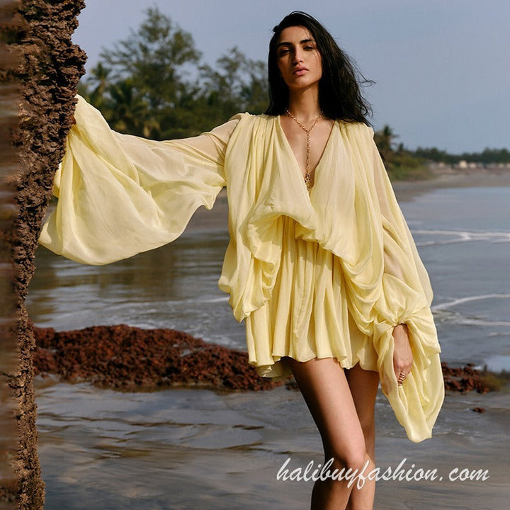 Chiffon deep v neck long flared sleeve ruched solid mini dress - Halibuy