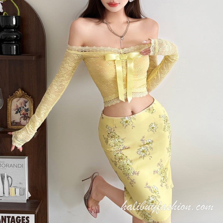 Off shoulder long sleeve lace bowknot ruched crop top - Halibuy