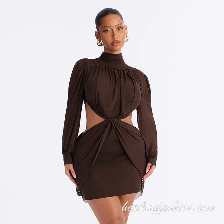 Long sleeve high neck cut out knotted solid ruched mini dress - Halibuy