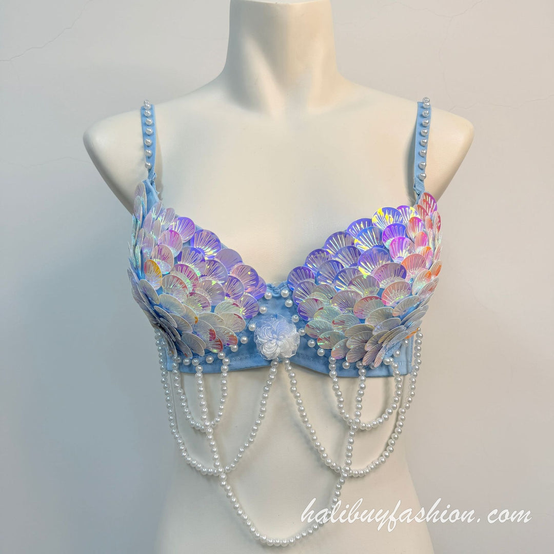 Spaghetti strap shell applique beaded glitter tassels bralette - Halibuy