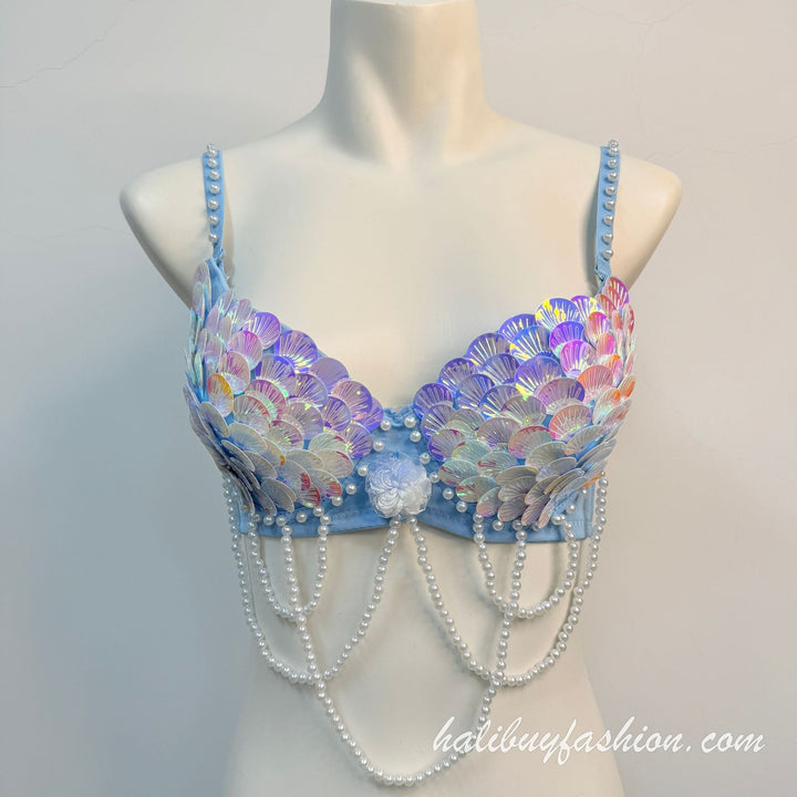 Spaghetti strap shell applique beaded glitter tassels bralette - Halibuy