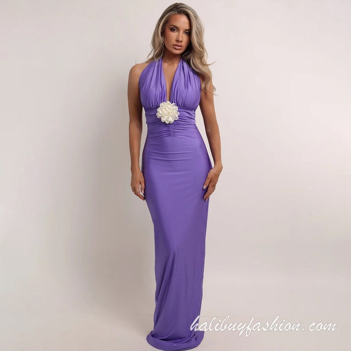 Halter deep v neck sleeveless backless ruched solid maxi dress - Halibuy