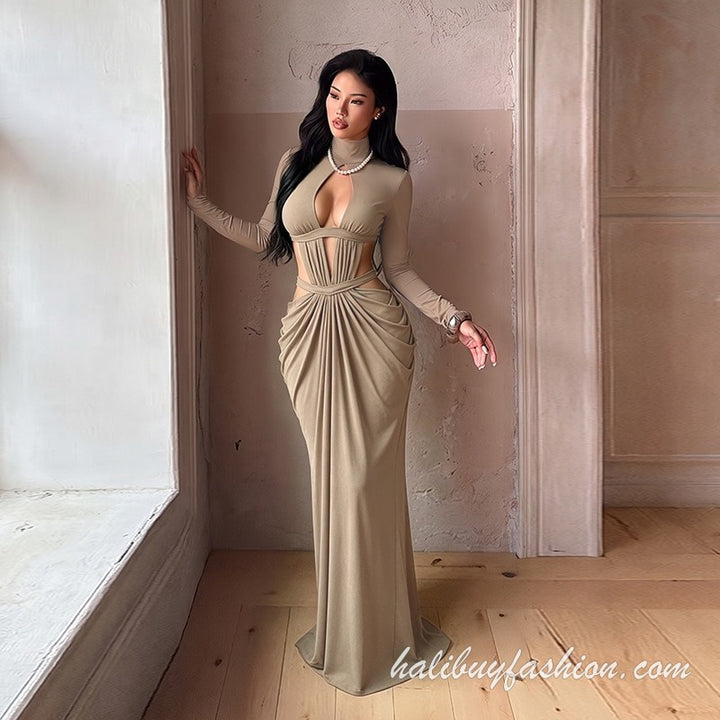 Long sleeve high neck hollow out ruched backless solid maxi dress - Halibuy