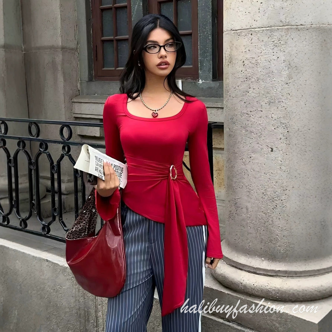 Long sleeve square neck metal chain solid knitted top - Halibuy