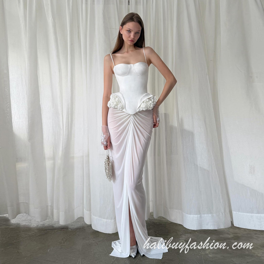 Spaghetti strap corset flower applique ruched high slit satin skirt set maxi - Halibuy