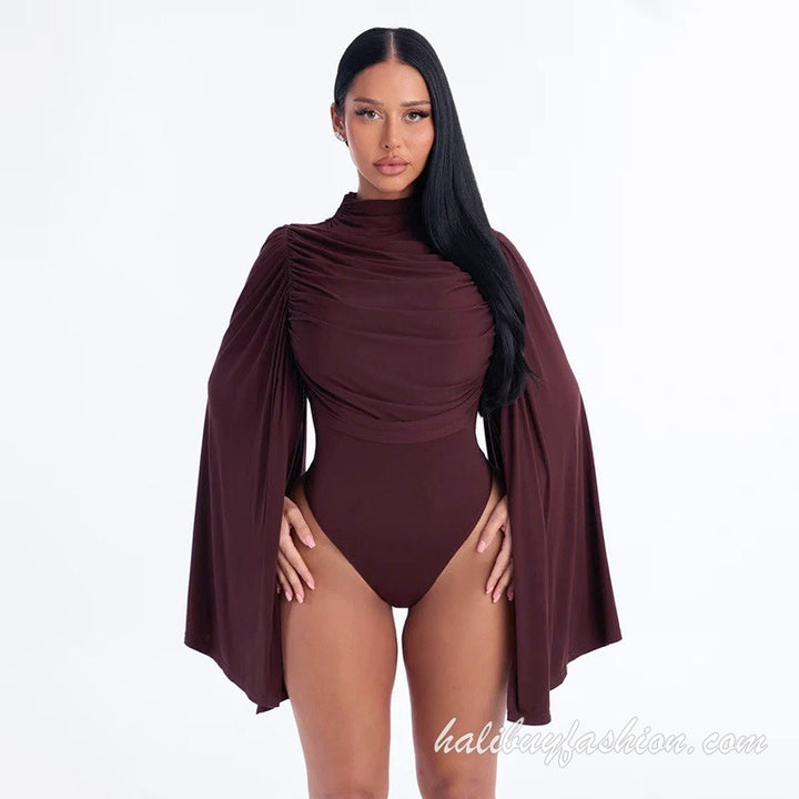 Turtle neck long flared sleeve ruched solid knit bodysuit - Halibuy
