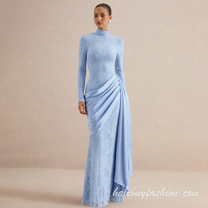 High neck long sleeve lace solid ruched patchwork maxi dress - Halibuy