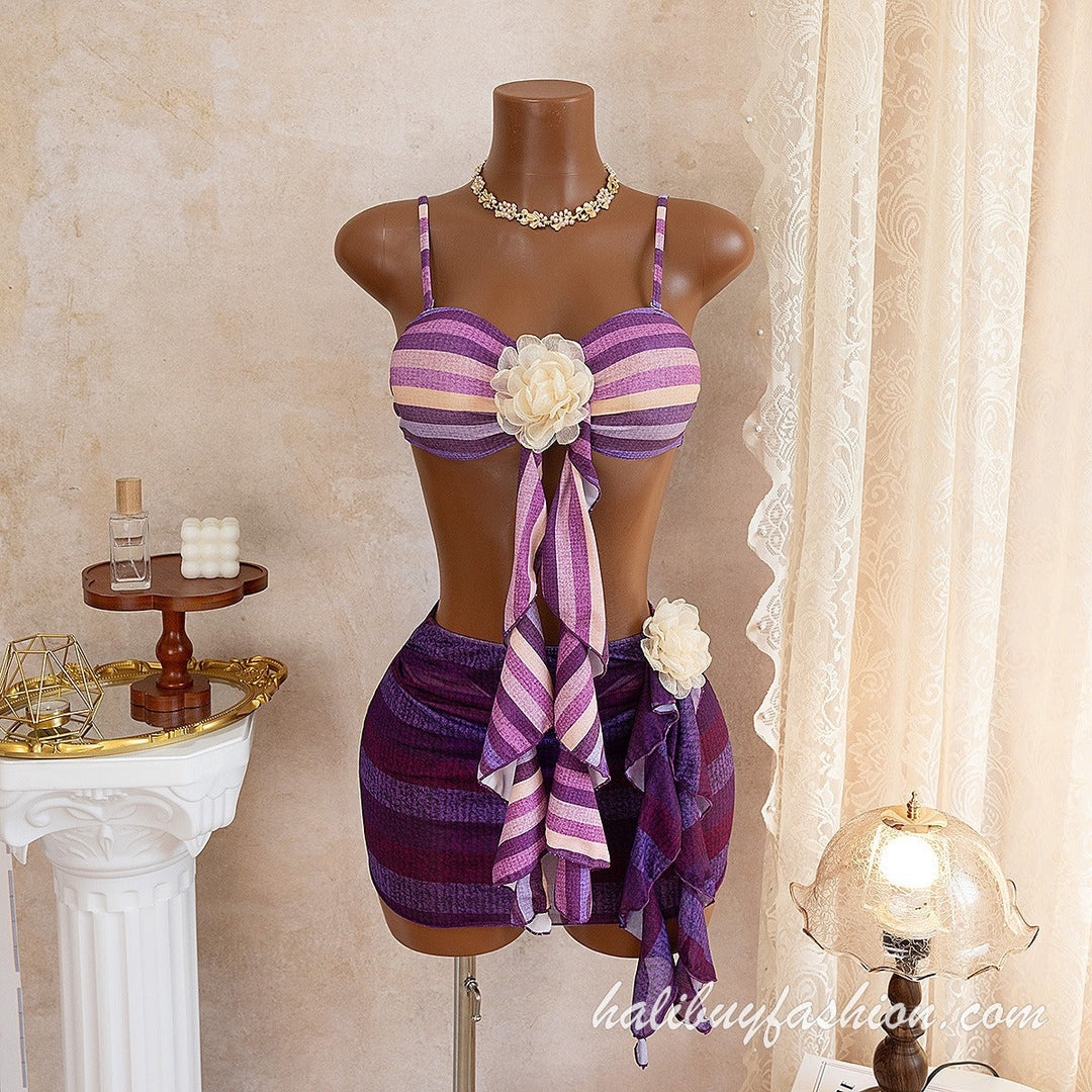 Striped mesh spaghetti strap ruched self tie swimwear - Halibuy