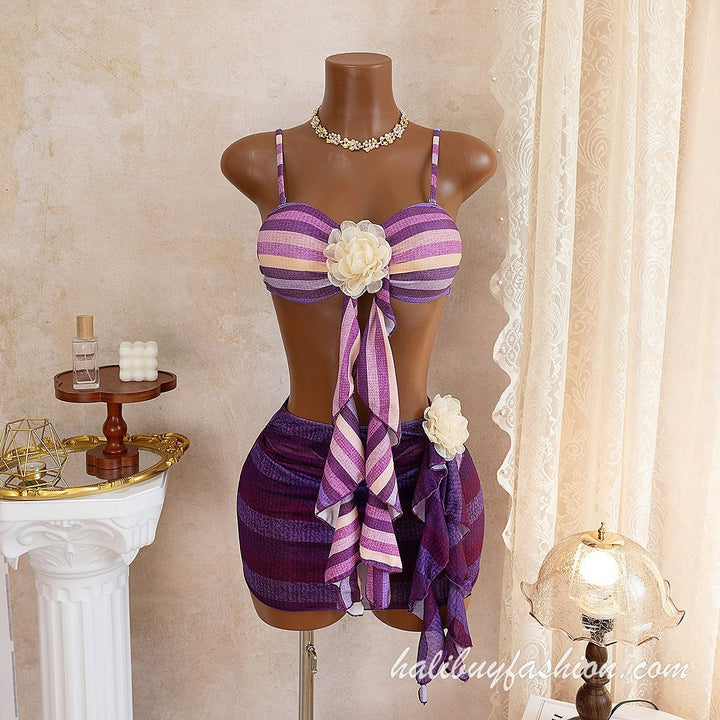 Striped mesh spaghetti strap ruched self tie swimwear - Halibuy